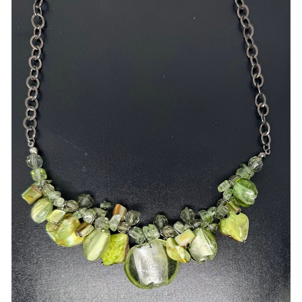 Green Mother of Pearl Glass Statement Necklace Gunmetal Adjustable 19-22”